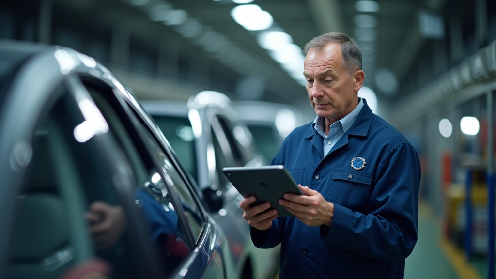 Pracovník kontroluje kvalitu hotového automobilu na konci výrobní linky, pomocí digitálního tabletu se seznamem kontrol