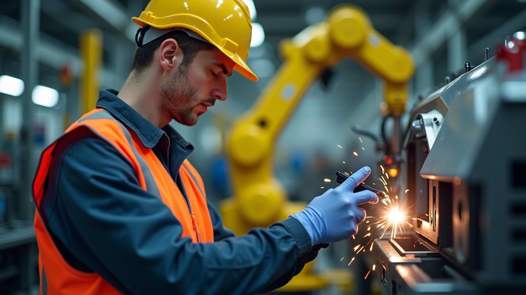 Inženýr v helmu kontroluje moderní robotickou svařovací stanici na výrobní lince