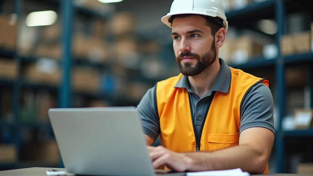 Průmyslový inženýr studuje data produkce a objednávky na svém notebooku v továrně