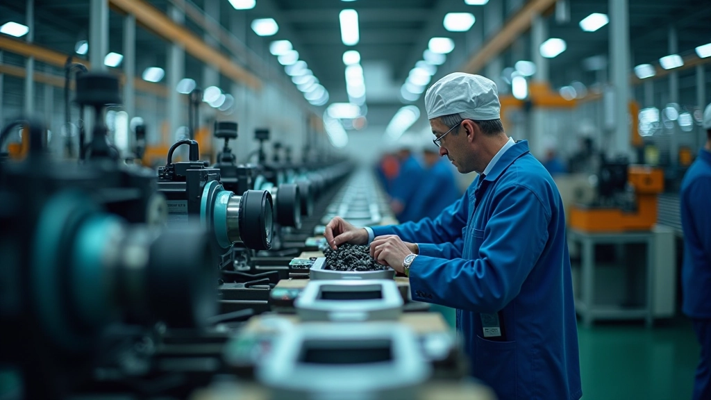 Tovární výrobní linka s automatizovanými procesy a pracovníky v ochranném vybavení