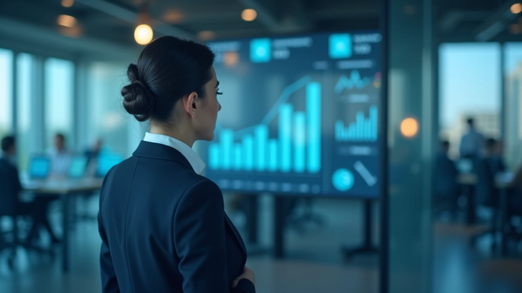 Vedoucí porady v moderní kancelářské místnosti s velkým obrazovkou ukazující grafy a výrobní metriky