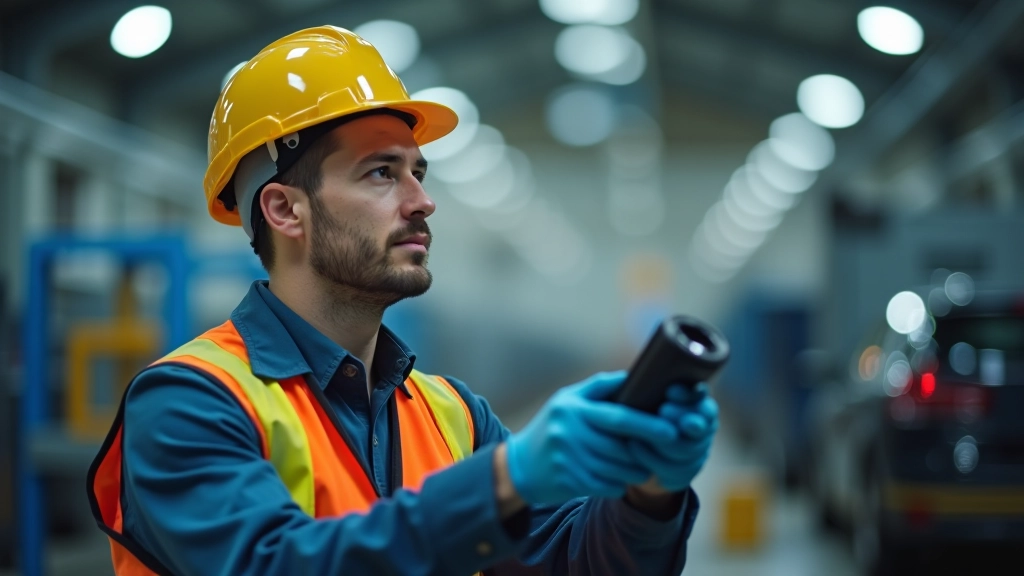 Průmyslový pracovník monitorující výrobní linku v moderní továrně