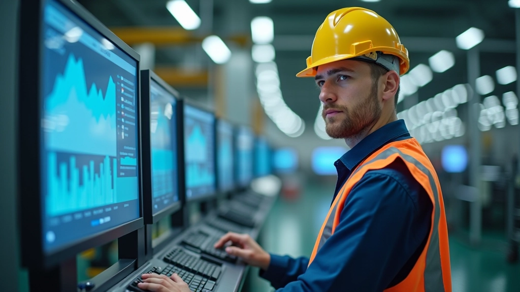 Pracovník v průmyslové hale sleduje výrobní linku s moderními měřicími přístroji a kontrolními panely