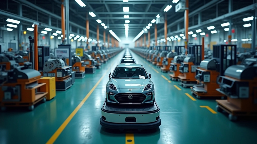 Bezpilotní vozíky (AGV) přepravují součásti podél výrobní linky v moderní automobilové továrně