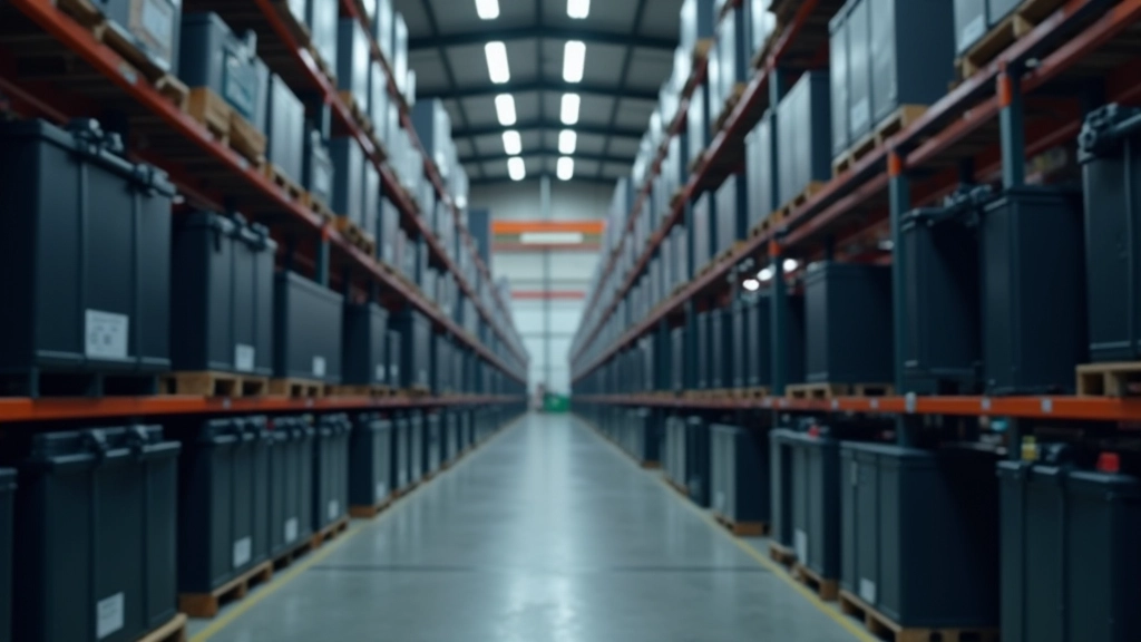 Bateriové články připravené k montáži do elektrických vozů, uskládané v řádcích v modulárním balení