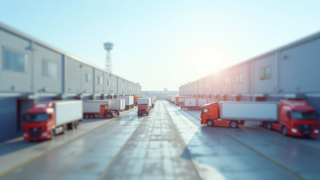 Průmyslový park se zaměřením na zásobování a logistiku s nákladními auty a skladovacími budovami