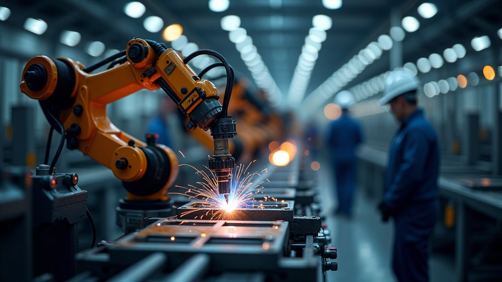 Přehlídka průmyslové výroby s robotickými rameny svařujícími kovové součásti v automobilovém závodě